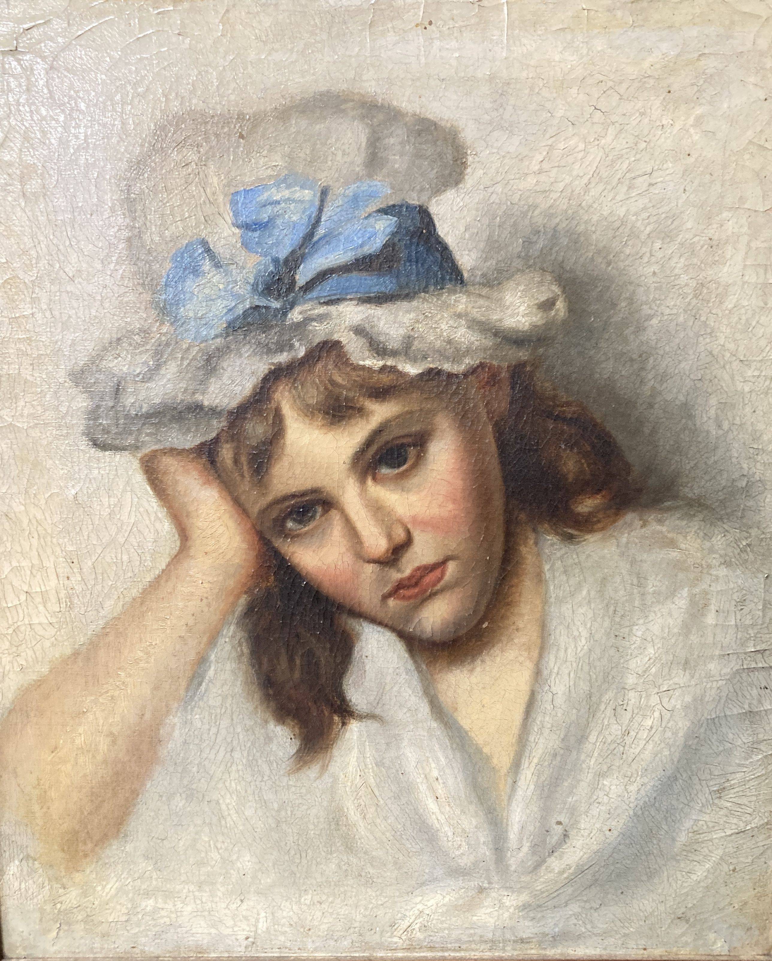 English School c.1900, oil on canvas, Portrait of a young woman wearing a ribbon tied bonnet, 48 x 41cm